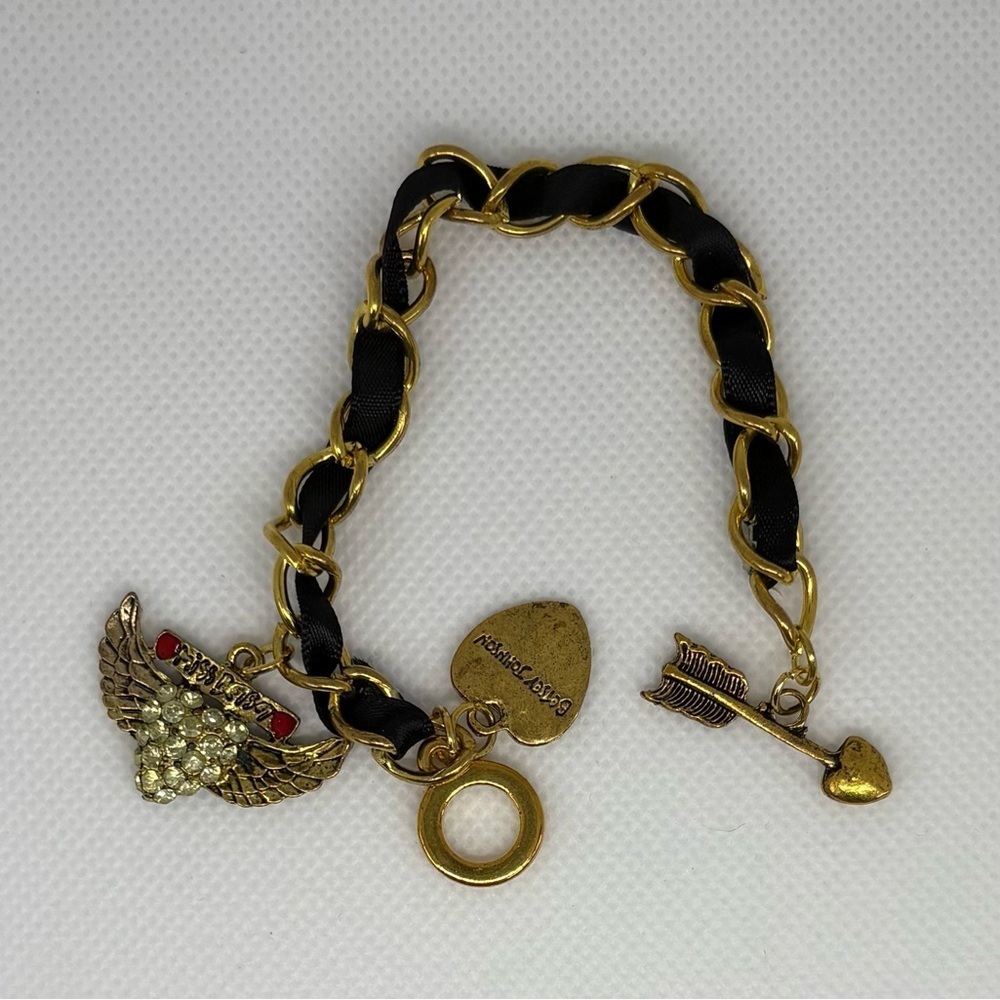 Y2K Betsey Johnson Rocker Cupid Charm Bracelet | Black Ribbon & Gold Tone